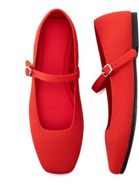 〽️Women's Ballet Flats Red Knitted Mesh Upper Casual Ankle Strap Square Toe